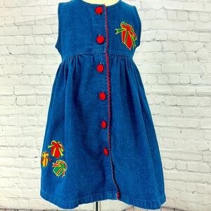 Holiday Christmas Embroidered Denim Girls Dress size 2t vintage